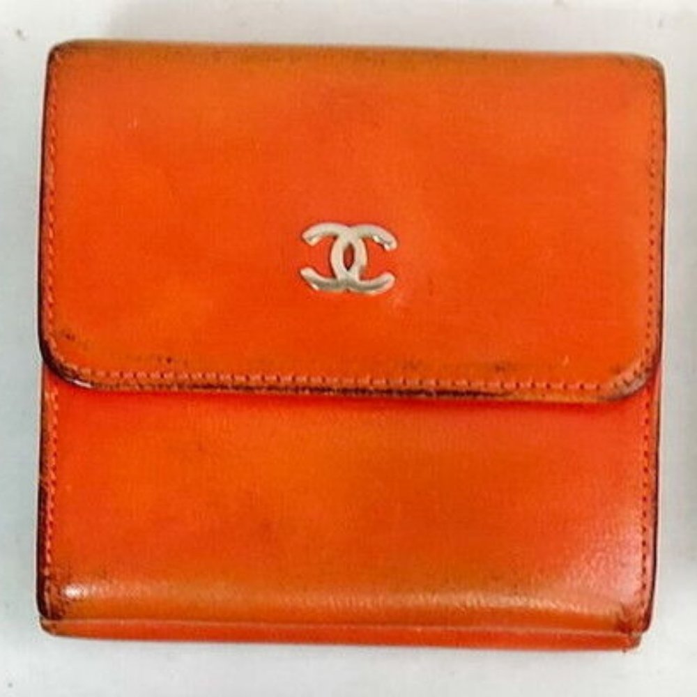 Authentic orange Chanel leather wallet thick leather